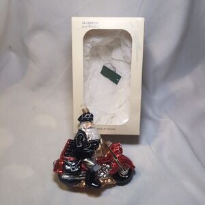 Glass Ware Art Studio Glass Santa On Motorcycle Ornament Poland, Original Box 6"